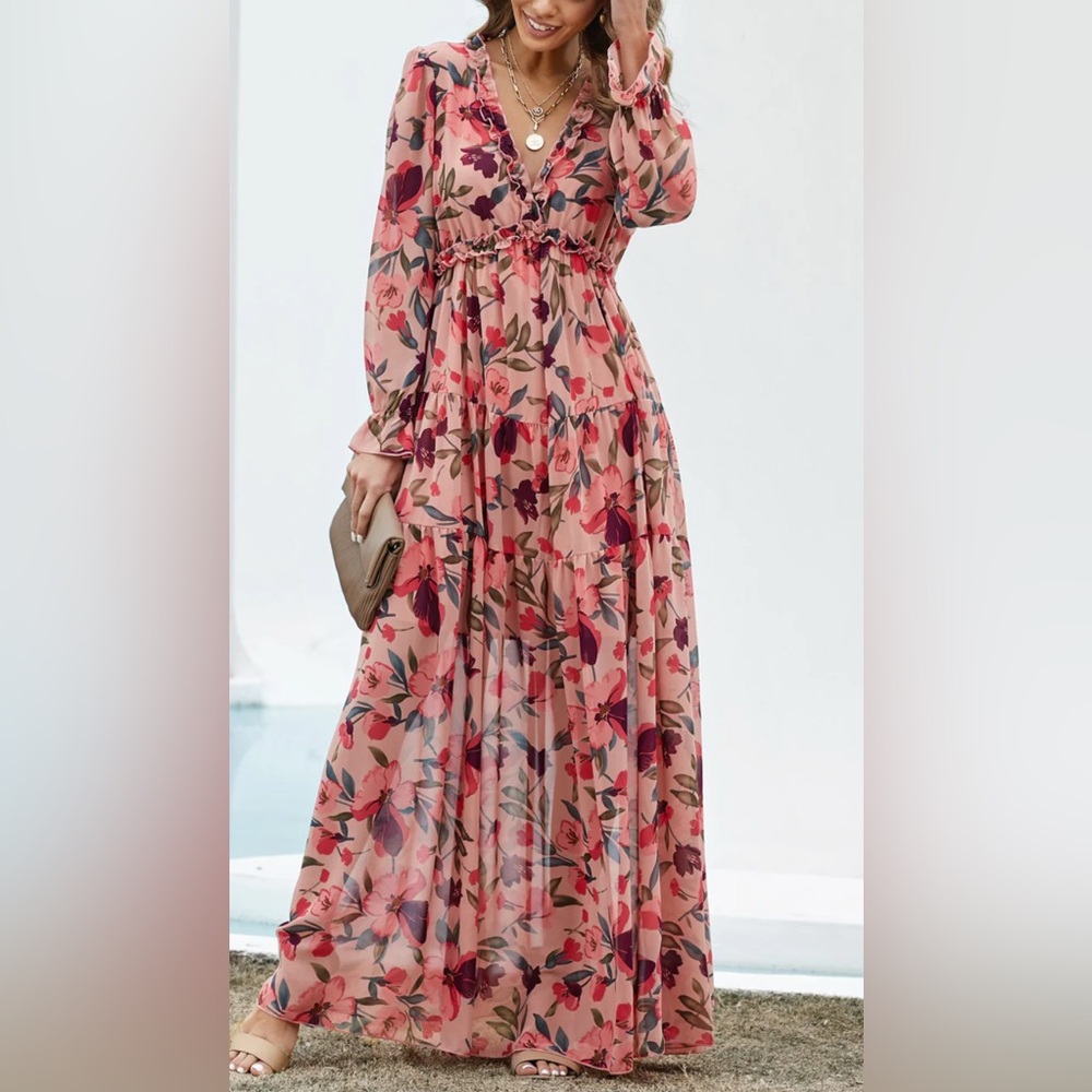 Women's Boho Floral Frill Ruffle Flounce Sleeve Dress